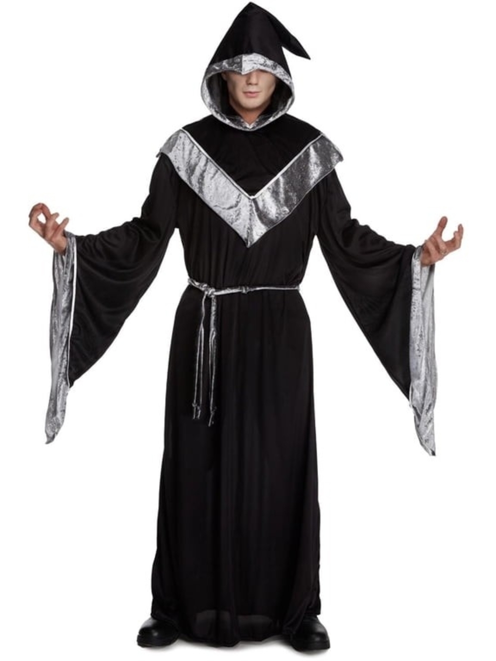 Black and Silver Hooded Wizard Robe for Men's